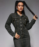 Stylish Denim Long Dress with Slit and Button-Down Collar