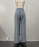 Women's Wide Leg Denim Trousers with Trendy Perforated Fringes