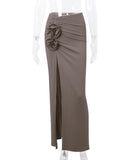 High Waisted Slit Pleated Flower Decorated Half Length Dress