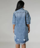 Denim Dress With Frayed Hem And Fringed Sleeves