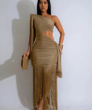 Asymmetric Single Shoulder Fringed Long Dress in Black Gold Blue
