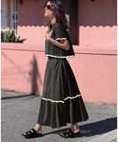 Leisure Shirt With Lace Collar And Long Skirt Set White
