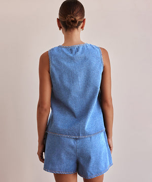 Casual Sleeveless Lace-Up Denim Suit Shorts For Women Style