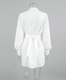 Chic Lace-up Ruffled Long-Sleeved Dress in Elegant White
