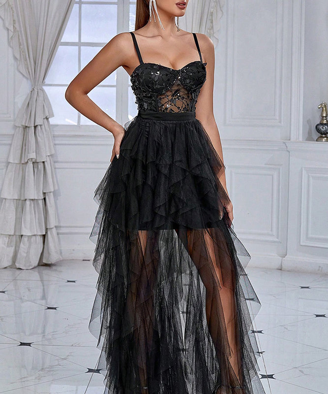 Chic Gauze Evening Dress With Butterfly Sequin Patchwork