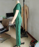 Solid Color Short Sleeve Stretch Fringed Clothing Set