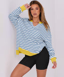 Striped V-Neck Loose Sports Shirt Hoodie For Women Relaxed Fit Moisture-Wicking Everyday