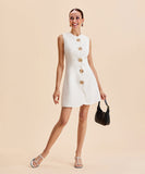 A Sleeveless Round-Neck Button-Down Solid-Color Short Dress