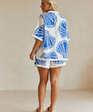 Relaxing Loose Printed V Neck Homewear Set Blue Polyester