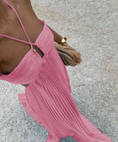 Solid Color Plunging Pleated Sleeveless Halter Dress for You