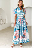 Casual Long Printed Dress with Cinched Waist in Blue