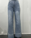 Blue Washed Long Jeans With Outward-Folded Cuffs For Comfort