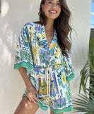Fashionable Tie-Dye Lace One-Piece Pants in Blue Green