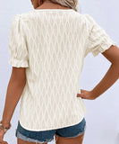 Chic V-Neck Puffed Sleeve Jacquard Casual Loose T-Shirt