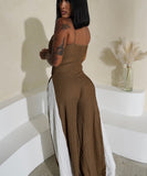 Sexy Sheer Wide-Leg Knitted Halter Top Color-Block Pants