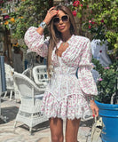 Chic Printed Waist Long Sleeve Short Lace Dress in Purple Pink