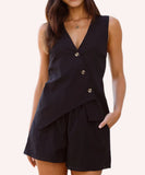 Solid Color Shorts And V Neck Pullover With Waistband