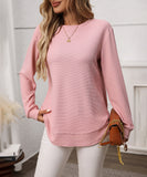 Loose Waffle Blouse Relaxed Fit Long-Sleeved Top Essentials