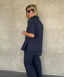 Casual Workwear Drawstring Shirt And Trousers Set Navy
