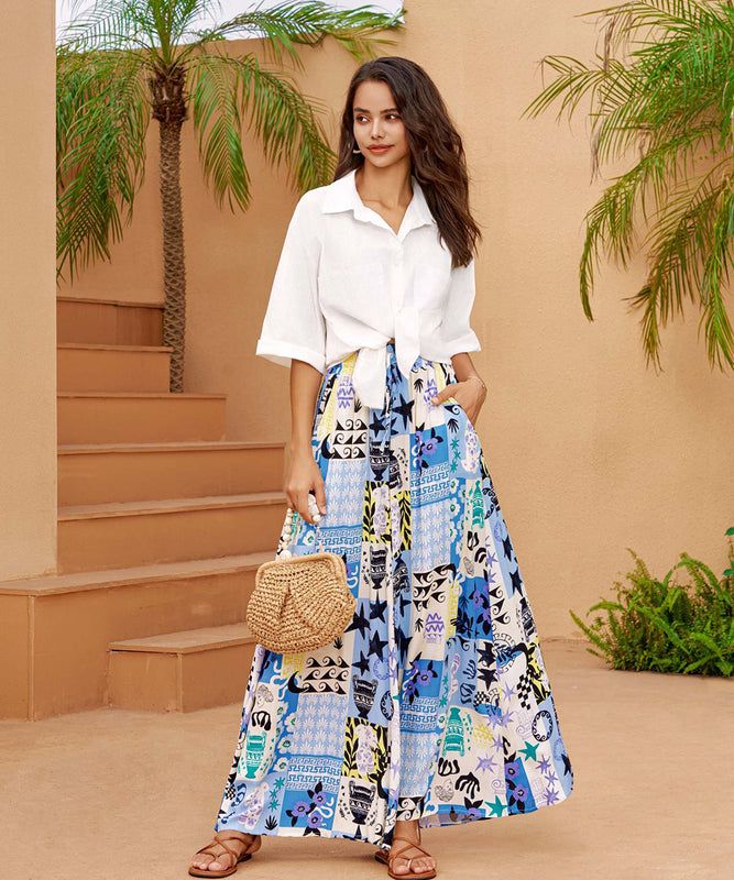 Loose Wide Leg Pants with Drawstring Waist in Blue and Black