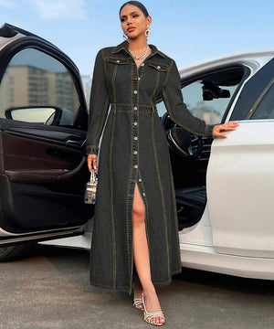 Women's Denim Long Sleeve Coat Style Dress with Button Closure