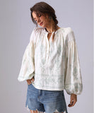 Loose Floral Embroidered Long Sleeve Shirt Viscose Blend