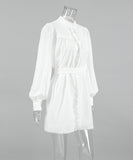 Chic Lace-up Ruffled Long-Sleeved Dress in Elegant White