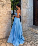 Solid Color Plunging Pleated Sleeveless Halter Dress for You