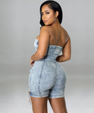 Sexy Off The Shoulder Denim Jumpsuit With Copper Chains