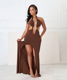 Off-The-Shoulder Fish-Tail Slit Dress With Cutout Design Sleek Evening Silhouette