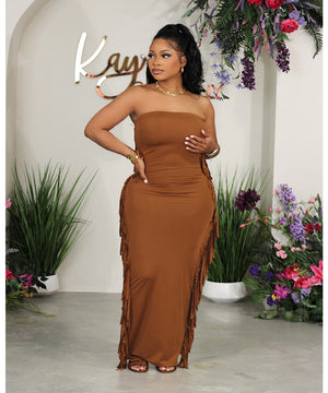 Strapless Tight-Fitting Slit Fringed Plus-Size Women's Dress