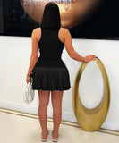 Sexy Sleeveless Round Neck Pleated Skirt in Black Red Green White