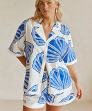 Relaxing Loose Printed V Neck Homewear Set Blue Polyester