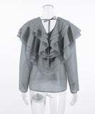 Chic V-Neck Peplum Halter Long-Sleeved Shirt for Style