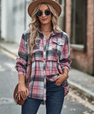 Collared Long Sleeve Pocket Casual Check Shirt Polyester