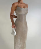 Sequin Halter Evening Gown In Light Apricot Polyester