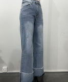 Blue Washed Long Jeans With Outward-Folded Cuffs For Comfort
