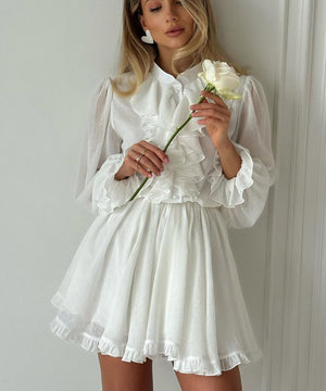 Chic Peplum Stand Collar Long Sleeve Elastic Waist A-Line Skirt