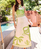 Sexy Form-Fitting Long Dress with Neck Tie Design in Green Black