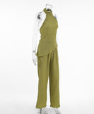 Backless Green Casual Outfit with Neck-Revealing Design