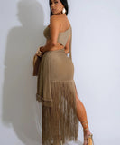 Asymmetric Single Shoulder Fringed Long Dress in Black Gold Blue