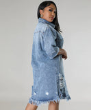 Denim Dress With Frayed Hem And Fringed Sleeves