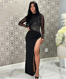 Sequined High-Neck Evening Dress Long-Sleeve High-Slit