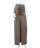 High Waisted Slit Pleated Flower Decorated Half Length Dress