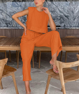 Chic Sleeveless Blazer Top and Trousers Set in Vibrant Colors