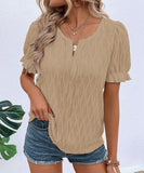 Chic V-Neck Puffed Sleeve Jacquard Casual Loose T-Shirt