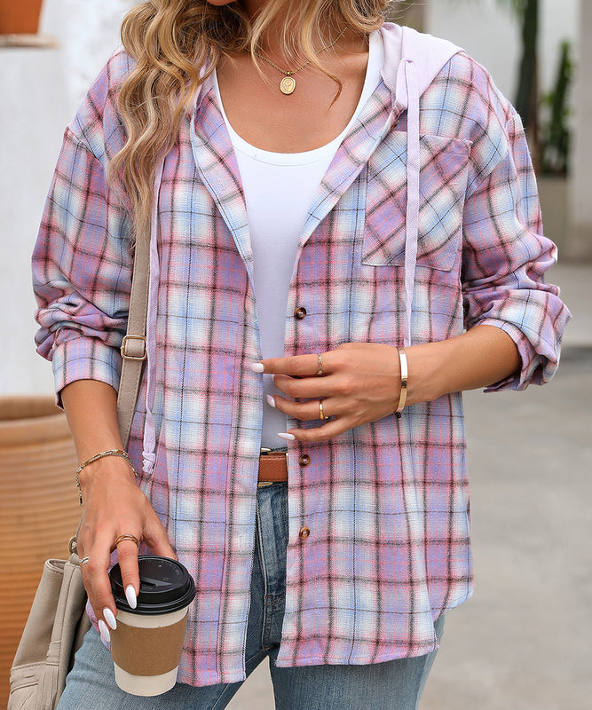 Fashionable Patchwork Check Hooded Coat For Casual Wear