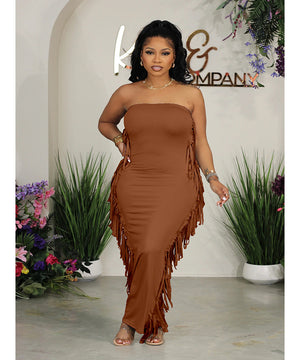 Strapless Tight-Fitting Slit Fringed Plus-Size Women's Dress