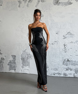 Sleeveless Beaded Plunging Neck Evening Dress Black