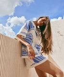 Relaxing Loose Printed V Neck Homewear Set Blue Polyester